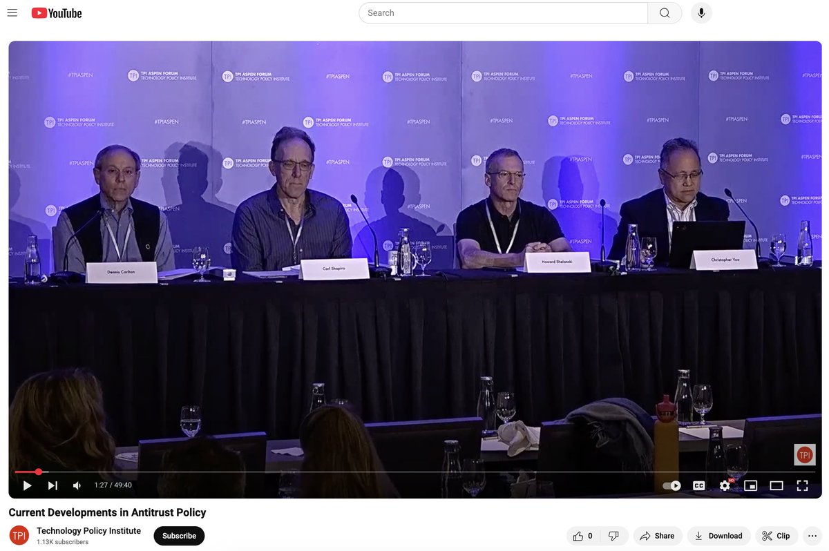 techpolicyinst's tweet image. ⏯️ TPI Aspen Forum 2025 Full Video Available! ⏯️ Current Developments in Antitrust Policy with Dennis Carlton, Carl Shapiro, Howard Shelanski, Christopher Yoo, and Thomas Lenard #tpiaspen Watch it now --&amp;gt; youtube.com/watch?v=HnXKD1…