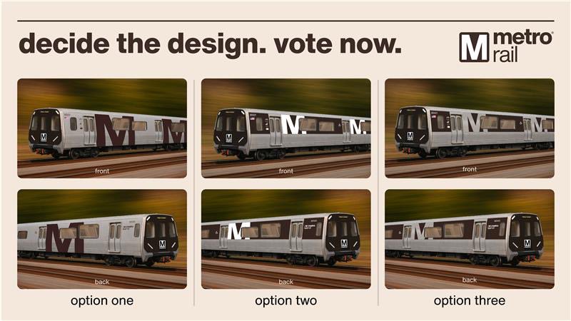 Take part in Metro history by helping us choose the exterior design for our new 8000-series rail fleet! 🚇 

Cast your vote now: wmata.questionpro.com/a/TakeSurvey?t… 
 
🗳️ Voting closes tomorrow, August 22, at 11:59 PM. Winning concept will be announced next week.