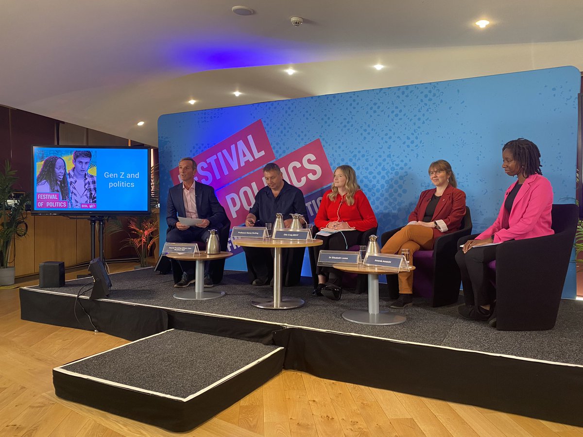 JohnSmithCentre's tweet photo. “Especially young people from underrepresented backgrounds are more likely to feel that formal politics is detached from their lives. @LooseElisabeth at the Festival of Politics panel “Gen Z and Politics”, live now @ScotParl chaired by Deputy Presiding Officer Liam McArthur MSP. https://t.co/6jX9GxwEUC