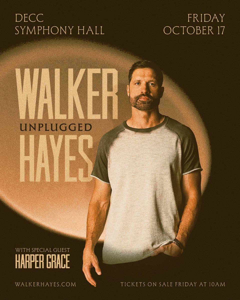 PRESALE HAPPENING NOW - Walker Hayes: Unplugged 🙌
with special guest Harper Grace

Get early access tickets NOW until 10:00pm tonight (8/21)
Use code DECC

🎟️ - ticketmaster.com/event/06006307…

Friday, October 17 | DECC Symphony Hall | 7:00pm

More info here: decc.org/event/walker-h…