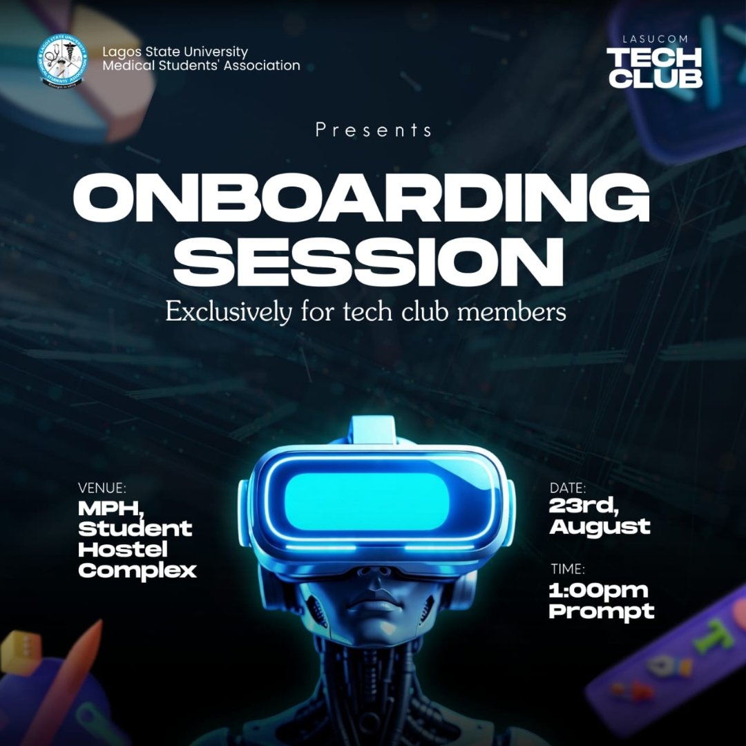 LasucomTechClub's tweet image. Deployment Complete! 🤩 The LASUCOM Tech Club is officially launching. Join our onboarding session on August 23rd at 1:00 PM, MPH, Student Hostel Complex. Don&apos;t miss the start of your tech journey! #BuildWithTech #LASUCOMTechClub