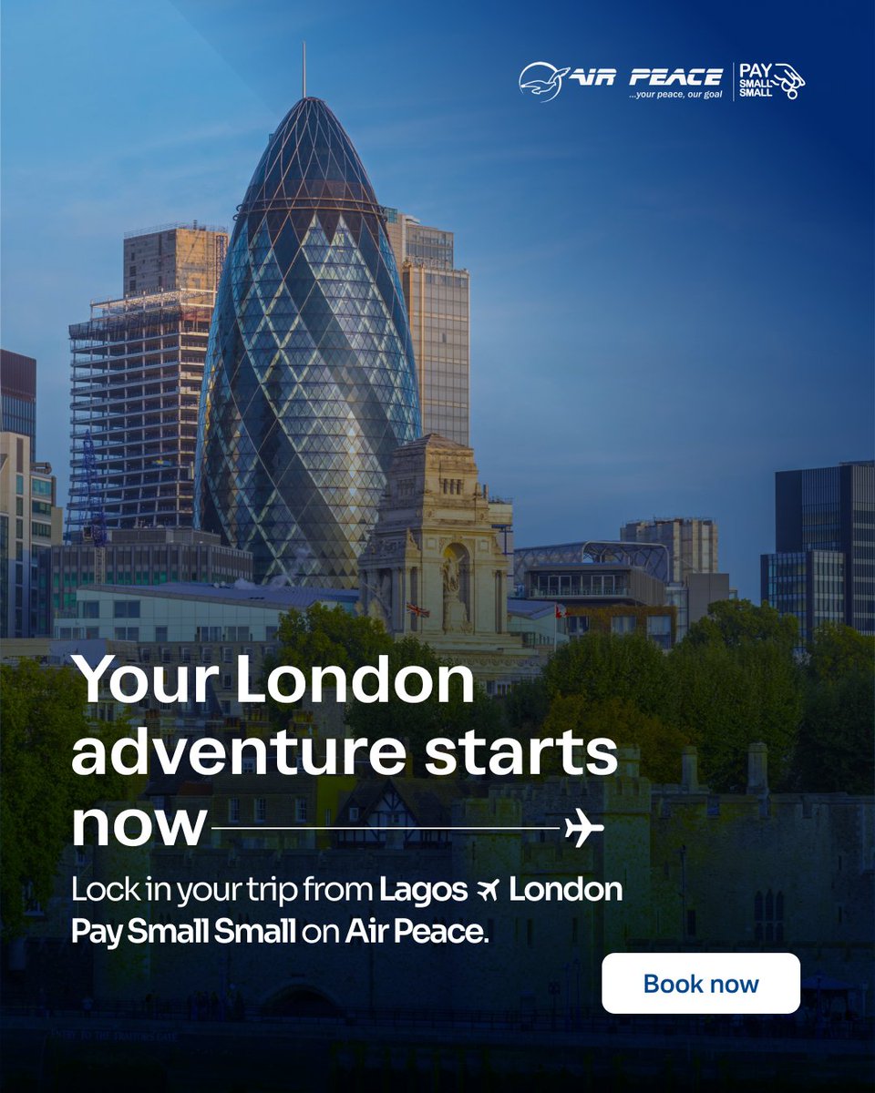 Kalabash54's tweet photo. Lock in your trip from Lagos to London on @flyairpeace with Pay Small Small.

Book Now and secure your flight with 10% down payment.

Visit https://t.co/k69sdSv75b and select the Pay Small Small option to get started.

Let the Adventure begin.

#paysmallsmall #kalabash #airpeace https://t.co/b904f4UrH6