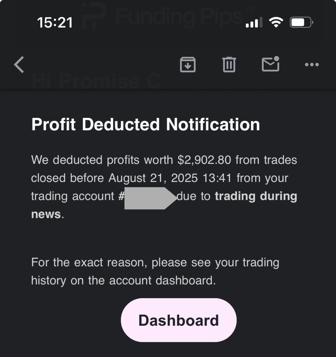 thedreamtrader (@thedreamtrader2) on Twitter photo Full transparency the profit I made on my $140k funded <a href="/fundingpips/">FundingPips</a> account was deducted due to news trading…
Personally I don’t trade news and don’t look at them. Never knew they have a rule like this on a Funded account
Guess the Drawdown phase is going to be long🧘♂️ Full transparency the profit I made on my $140k funded <a href="/fundingpips/">FundingPips</a> account was deducted due to news trading…
Personally I don’t trade news and don’t look at them. Never knew they have a rule like this on a Funded account
Guess the Drawdown phase is going to be long🧘♂️