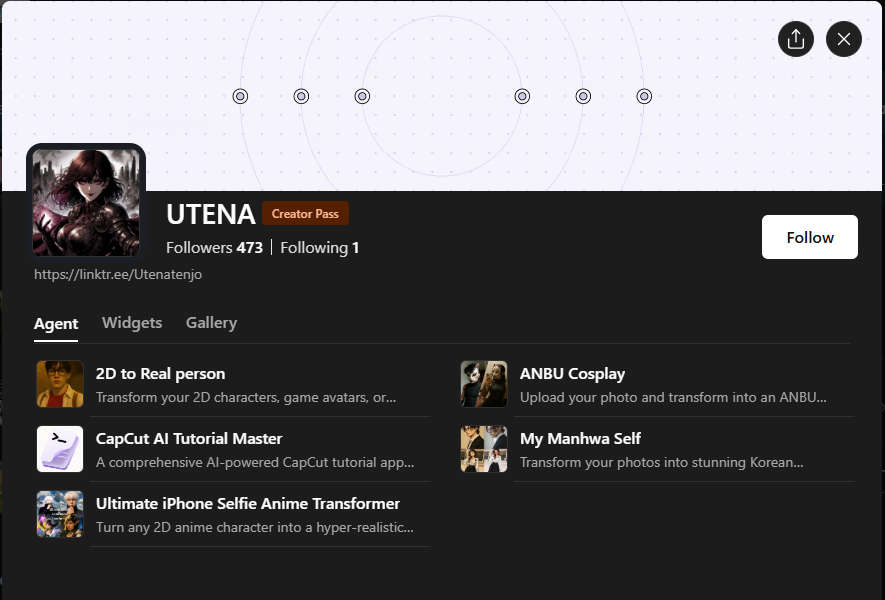 Kππ΄πππ (@kiyokio3o) on Twitter photo A huge shoutout to the legendary MyShell creator <a href="/UtenaTenjo23/">Utena Tenjou π€ π οΈ</a> ! π
An early pioneer who dominated the Roleplay eraβwho else remembers the cult classic- Flaire?
Now he's creating incredible Image Gen bots!
You can build yours too with the ShellAgent Mode on <a href="/myshell_ai/">MyShell.AI</a> A huge shoutout to the legendary MyShell creator <a href="/UtenaTenjo23/">Utena Tenjou π€ π οΈ</a> ! π
An early pioneer who dominated the Roleplay eraβwho else remembers the cult classic- Flaire?
Now he's creating incredible Image Gen bots!
You can build yours too with the ShellAgent Mode on <a href="/myshell_ai/">MyShell.AI</a>