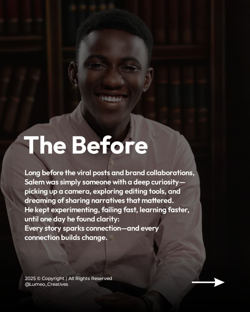LumeoCreatives's tweet photo. Thursday Creator Spotlight: @salemkinging 

Meet Salem King, a master storyteller who's changing the game with his breathtaking visual journeys! 

From documentary videos to immersive short-form storytelling, https://t.co/F9lLSGZ2nn