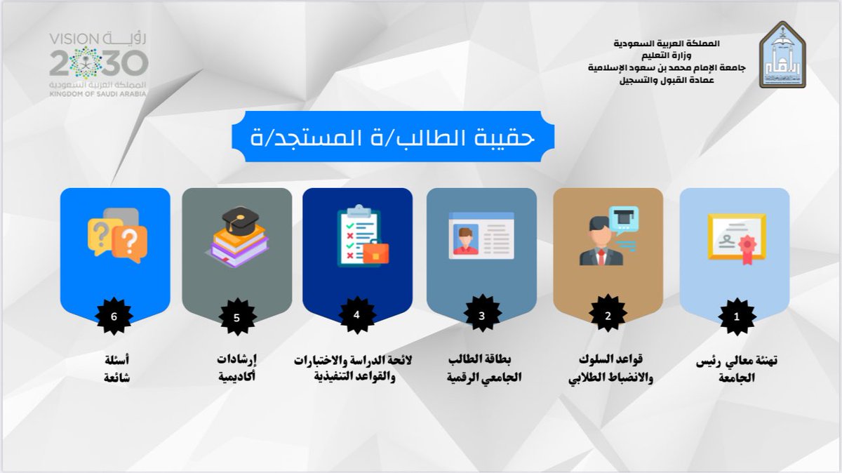 عزيزي الطالب المستجد
عزيزتي الطالبة المستجدة
نرحب بك في رحاب جامعتك
جامعة الإمام محمد بن سعود الإسلامية 
ونهدي لك هذه الحقيبة الإلكترونية التي تشتمل على إرشادات أكاديمية مهمة تضيء لك حياتك الجامعية.
راجين لك التفوق والتميز في دراستك.
units.imamu.edu.sa/deanships/admi…