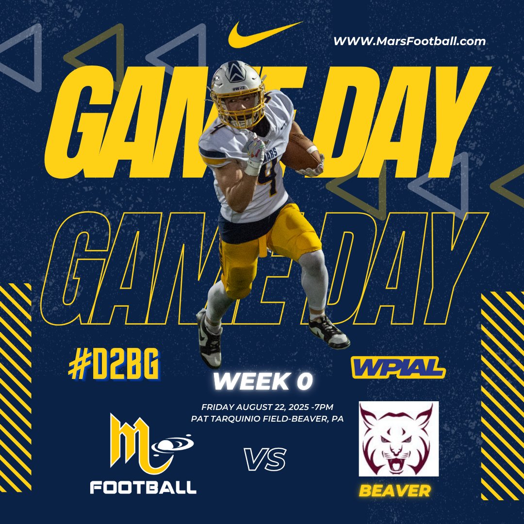 Mars HS Football (@marshsfootball) on Twitter photo Gameday!!! Week 0
At: Pat Tarquino Field @ Gypsy Glenn Stadium
👽Mars 🆚🦫Beaver
📺 team1sports.com/highschool/pa/… 🎟️:events.hometownticketing.com/boxoffice/basd…
🕖7 PM
<a href="/MarsAreaSD/">Mars Area SD</a> <a href="/MASDFP/">Mars Area Athletic Department</a>
#D2BG 👽🏈💪 Gameday!!! Week 0
At: Pat Tarquino Field @ Gypsy Glenn Stadium
👽Mars 🆚🦫Beaver
📺 team1sports.com/highschool/pa/… 🎟️:events.hometownticketing.com/boxoffice/basd…
🕖7 PM
<a href="/MarsAreaSD/">Mars Area SD</a> <a href="/MASDFP/">Mars Area Athletic Department</a>
#D2BG 👽🏈💪