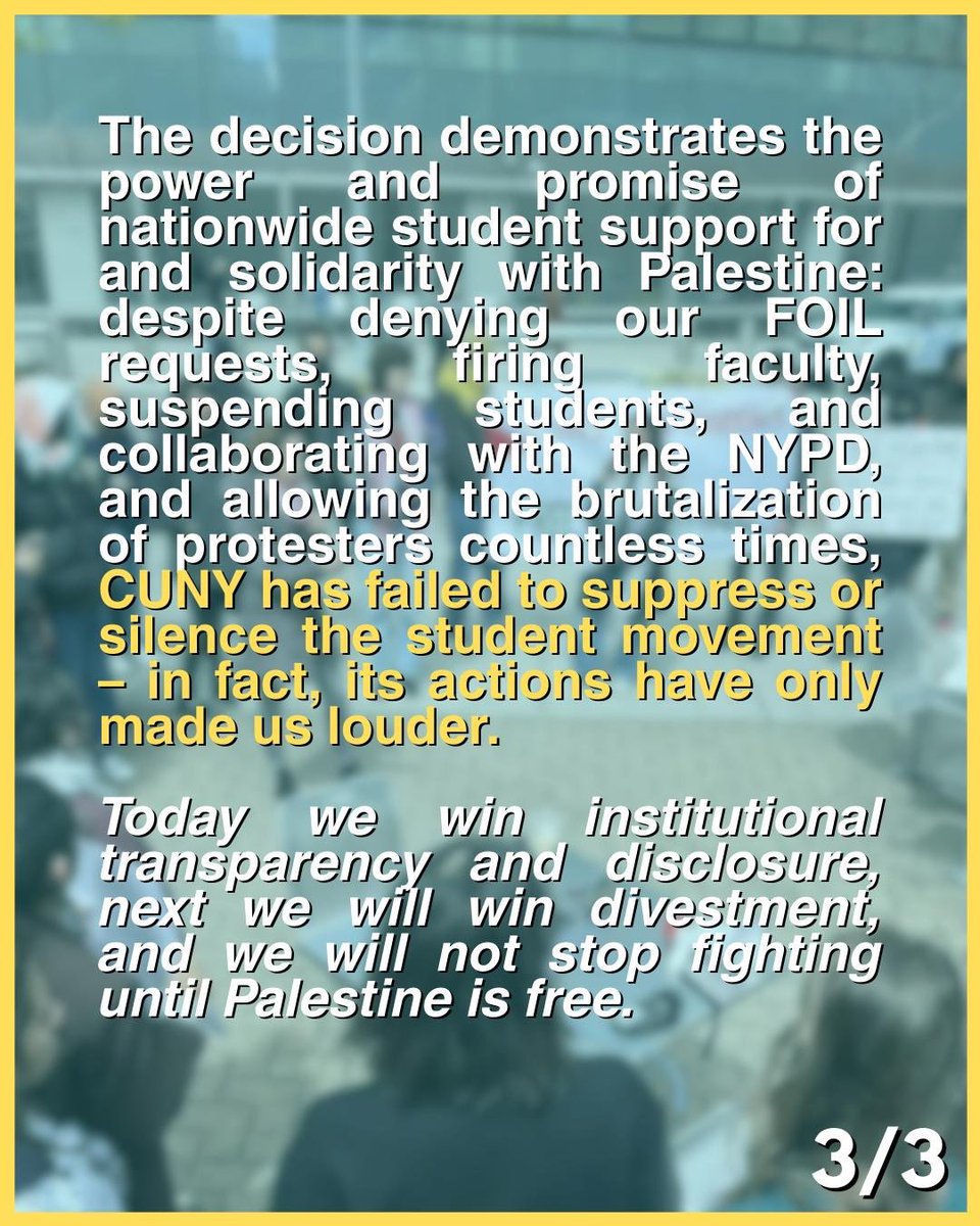 Another reminder that when we fight back against our genocide complicit administrations, we win! 

Disclose Now. Divest Next. CUNY stands with Palestine Liberation! 

tinyurl.com/C4PFOILVictory