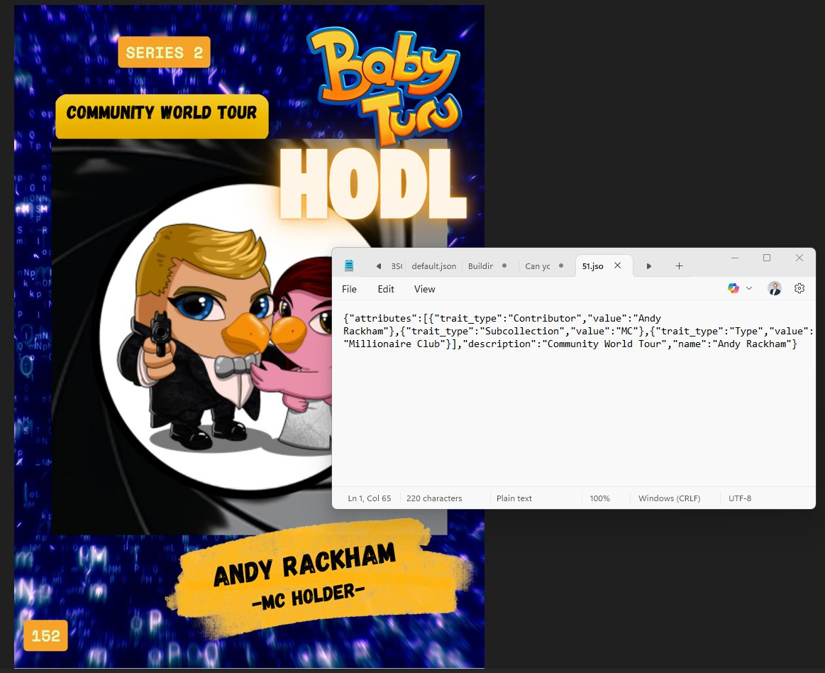 TuruGlobal's tweet photo. Work for Series2 of the @BabyTuruNFT #CWT project is on the way. Finalizing the Metadata and after the mint of @Crafter will be able to start. Minting price still to be defined.. $COTI #COTI. Also #Polygon, #BSC and #Tron community will be able to buy... https://t.co/XlIpOY0yJh