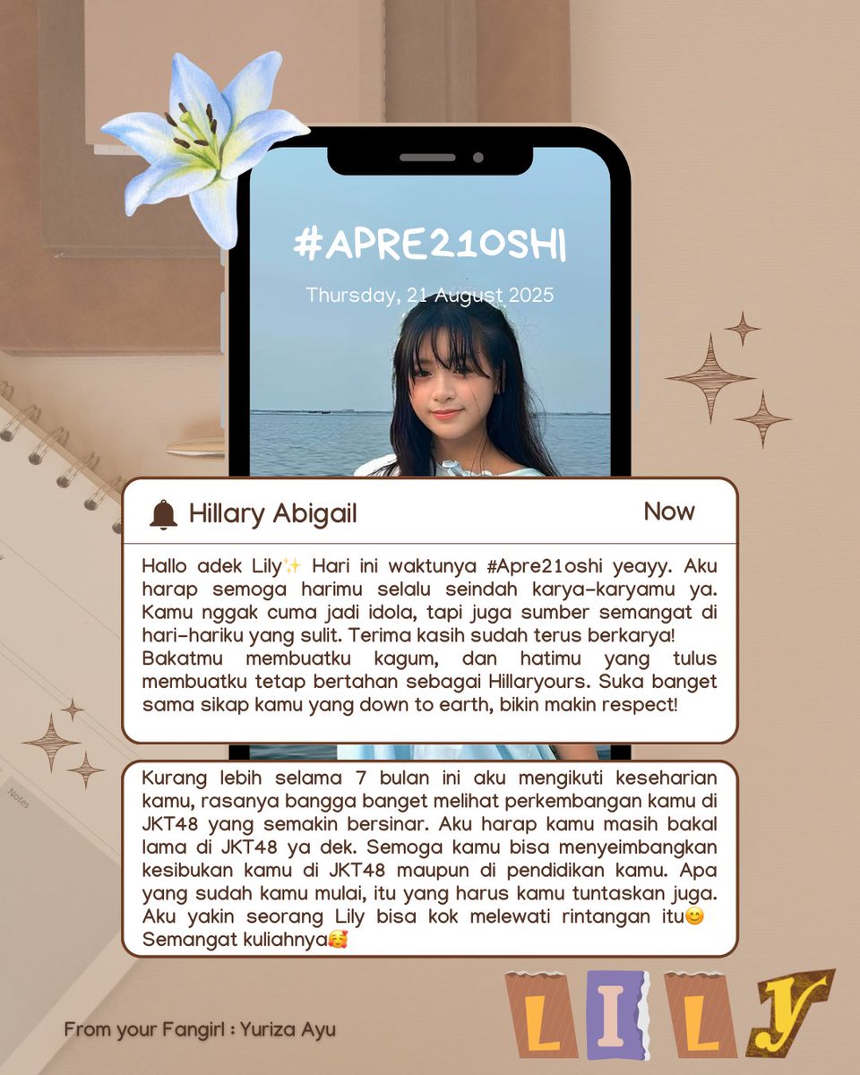 Yuriza ayu Listadiana (@ayu_yuriza) on Twitter photo #Apre21Oshi Untuk adik kecil yang selalu punya kejutan dengan kehebatannya🥰<a href="/Lily_JKT48/">Hillary Abigail</a> Kalo ada waktu boleh dibaca ya dek. Btw see you VC besok🫶🏻✨ #CeritaLy #NiteLy #Apre21Oshi Untuk adik kecil yang selalu punya kejutan dengan kehebatannya🥰<a href="/Lily_JKT48/">Hillary Abigail</a> Kalo ada waktu boleh dibaca ya dek. Btw see you VC besok🫶🏻✨ #CeritaLy #NiteLy