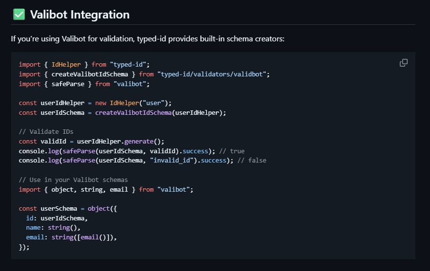 Added <a href="/valibot/">Valibot</a> integration
Thanks to <a href="/shellscape/">Norwegian Blue 🦜</a> for reminder

Others are welcome to add more integrations such as yup, typebox, arktype