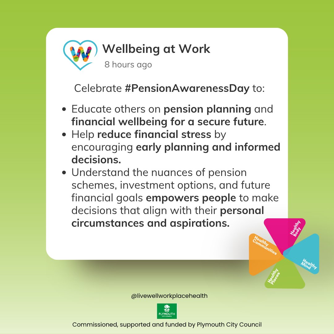 Livewell Workplace Health (Wellbeing at Work) (@wellbeing_work) on Twitter photo 💼 It’s #PensionAwarenessDay!
Your future matters—plan smart today for peace of mind tomorrow 💰
Learn. Review. Take control.
#PensionAwareness #PlanForTomorrow #FinancialWellbeing #LiveWell
<a href="/livewellsw/">Livewell Southwest</a> <a href="/PHPlymouth/">Public Health Plymouth</a> <a href="/oneyouplymouth/">One You Plymouth</a> 💼 It’s #PensionAwarenessDay!
Your future matters—plan smart today for peace of mind tomorrow 💰
Learn. Review. Take control.
#PensionAwareness #PlanForTomorrow #FinancialWellbeing #LiveWell
<a href="/livewellsw/">Livewell Southwest</a> <a href="/PHPlymouth/">Public Health Plymouth</a> <a href="/oneyouplymouth/">One You Plymouth</a>