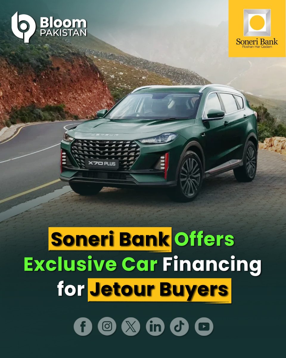 bloom_pakistan's tweet image. Your Jetour is now more affordable with Soneri Bank’s exclusive car financing! Get up to Rs. 280,000 in savings, enjoy faster delivery, special insurance discounts, and more. Drive smarter and pay easier with Soneri Car Finance.

Read More:
bloompakistan.com/get-easy-jetou…

#BloomPakistan