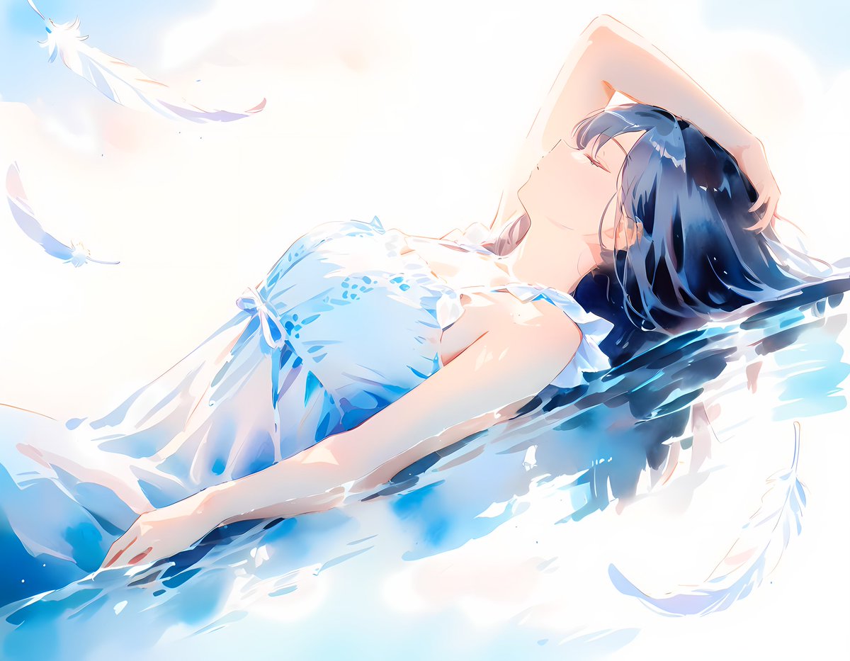 krystal_codex's tweet photo. 水面に横たわるアクアマリンのリメイク

それぞれ画風を変えてみましたが、水彩画のテイストが強い2枚目が好みかも✨
あなたはどちらがお好きですか？
#鉱物擬人化 #CrystalCodexAIArt https://t.co/wVJehC5018