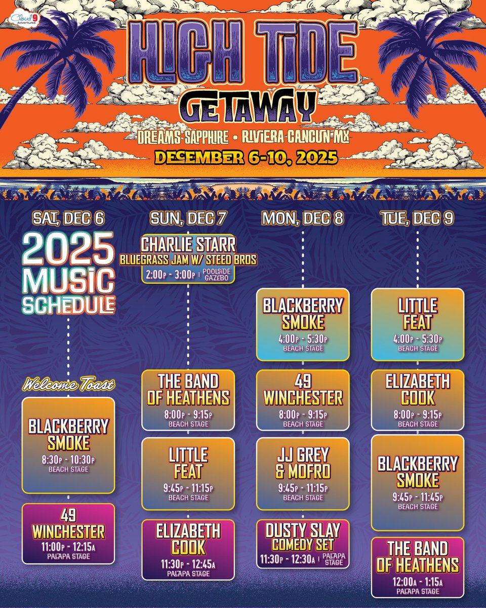 From beach days to starry nights, it’s all happening at #HighTideGetaway 🎶☀️ Check out the Music Schedule, then secure your spot for our winter getaway at hightidegetaway.com 🌴🤘🇲🇽