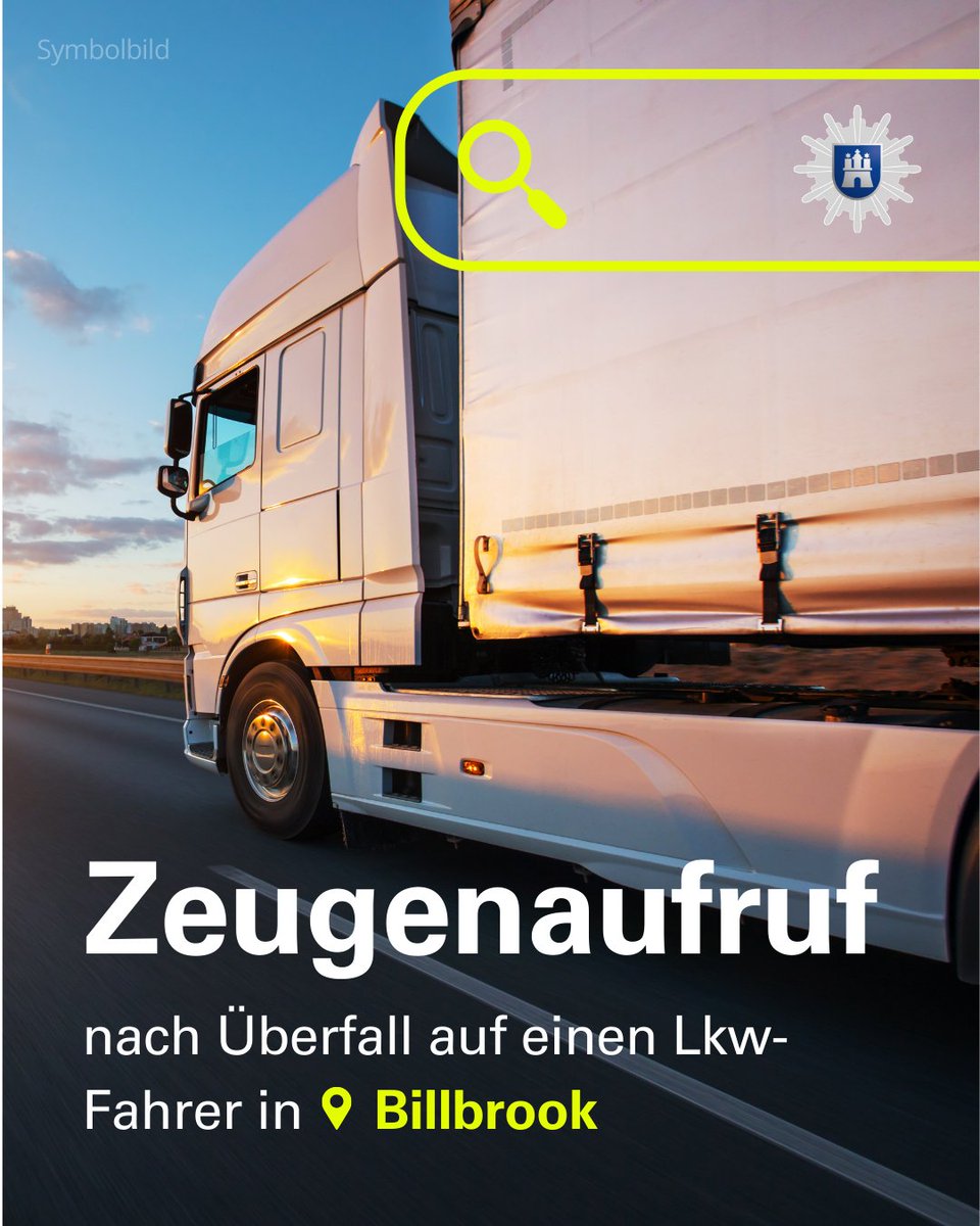 PolizeiHamburg's tweet photo. #Zeugenaufruf nach Überfall auf einen Lkw-Fahrer in #Billbrook
📅 18.08.2025, 19:30 Uhr
📍 Billbrook, Liebigstraße
Am Montagabend haben vier Unbekannte einen Lkw-Fahrer überfallen. Wir bitten um Hinweise aus der Bevölkerung!
Details und Täterbeschreibung:
https://t.co/wJDGFD860y
Hinweise bitte an die 040 4286 56789 📲