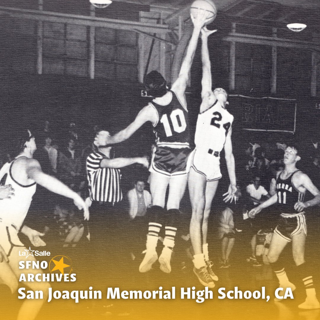This scene was captured nearly 60 years ago during an exciting San Joaquin Memorial basketball game. San Joaquin was a #Lasallian school in the San Francisco District from 1945 until 1998.

📷: 1966 Yearbook, Basketball Game, San Joaquin Memorial High School, Fresno, California.