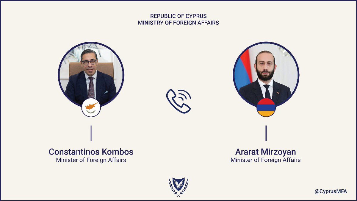 FM @CKombos held a constructive phone call with Armenian FM <a href="/AraratMirzoyan/">Ararat Mirzoyan</a>, congratulating him on the signing of the Joint Declaration and initialing of the Agreement on Establishment of Peace and Inter‑State Relations between #Armenia and #Azerbaijan. He welcomed these historic