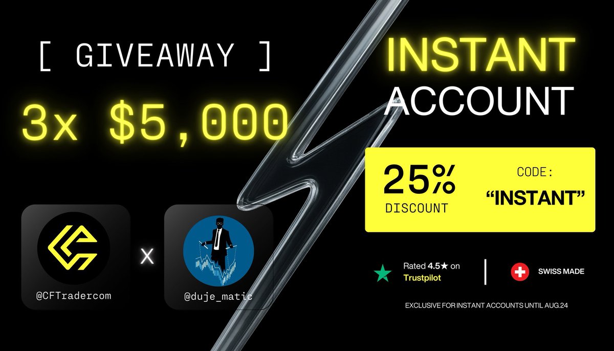 3 x 5000$ Challenge Giveaway!     

1. Follow <a href="/CFTradercom/">Crypto Fund Trader</a> &amp; <a href="/duje_matic/">Ezekiel✞</a>
2. Like &amp; RT This Post      
3. Tag 2 Friends    

also discount code: INSTANT w 25% off    

get funded up to 1,280,000$: bit.ly/ExclusiveCFTde…