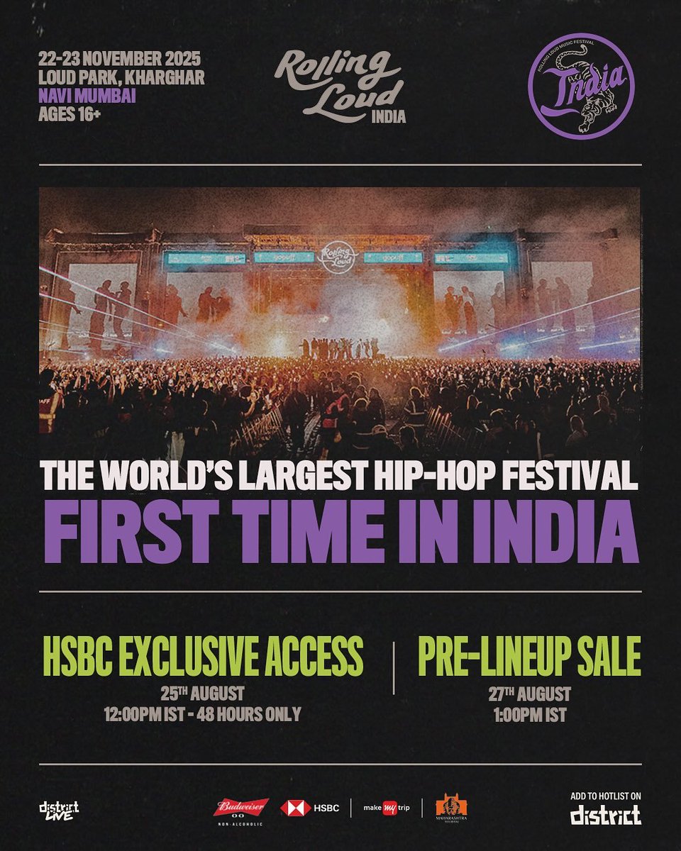 Kurrco's tweet image. ROLLING LOUD INDIA 🇮🇳
NOVEMBER 22 — 23 AT LOUD PARK 🚨

📍 Kharghar, Navi Mumbai

▫️ Lineup to be announced