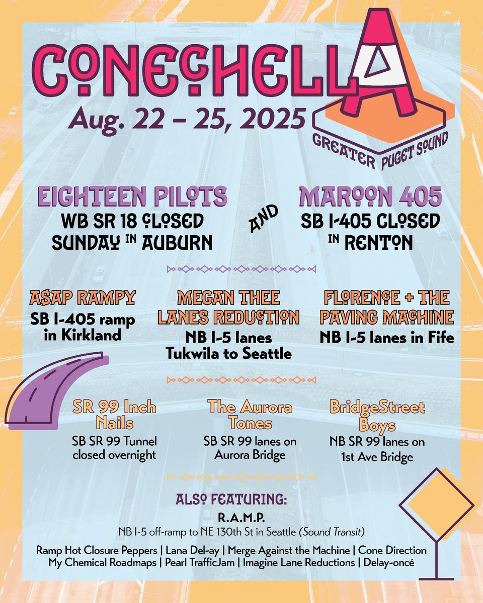 wsdot_traffic's tweet image. CONECHELLA 2025 LINEUP JUST DROPPED. The stage is set for a weekend of traffic jams, lane reductions, and ramp/directional closures!

Looking to score a VIP pass? Download the WSDOT app for exclusive access to all the real-time action.