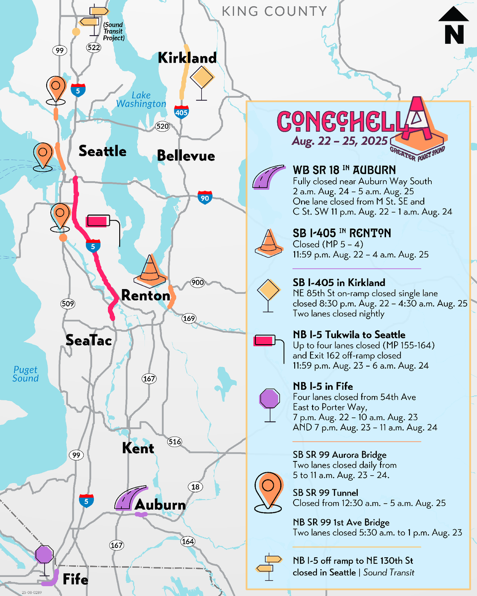 wsdot_traffic's tweet image. CONECHELLA 2025 LINEUP JUST DROPPED. The stage is set for a weekend of traffic jams, lane reductions, and ramp/directional closures!

Looking to score a VIP pass? Download the WSDOT app for exclusive access to all the real-time action.