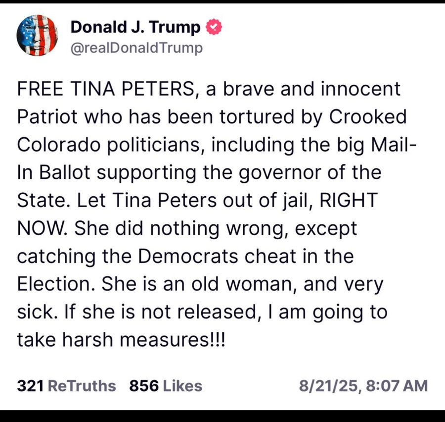 PeterBernegger's tweet photo. Remember: Colorado Sec. of State Jena Griswold removed President Trump from the ballot. She also is corrupt by keeping a dirty statewide voter list. She also published online keys to the Dominion voting systems.

But here is the big news: the people who really were behind "convicting" Tina Peters were the feds, start with Merrick Garland, Joe Biden, corrupt US DOJ prosecutors.

Solution (which I published months ago): open a federal investigation into the Tina Peters case, Mesa County voting corruption, declare her a federal witness and send in US Marshals to get her out.  

When you know the real details of her case it was the feds all along prosecuting her. She is a hero exposing a national, international, theft of our elections.