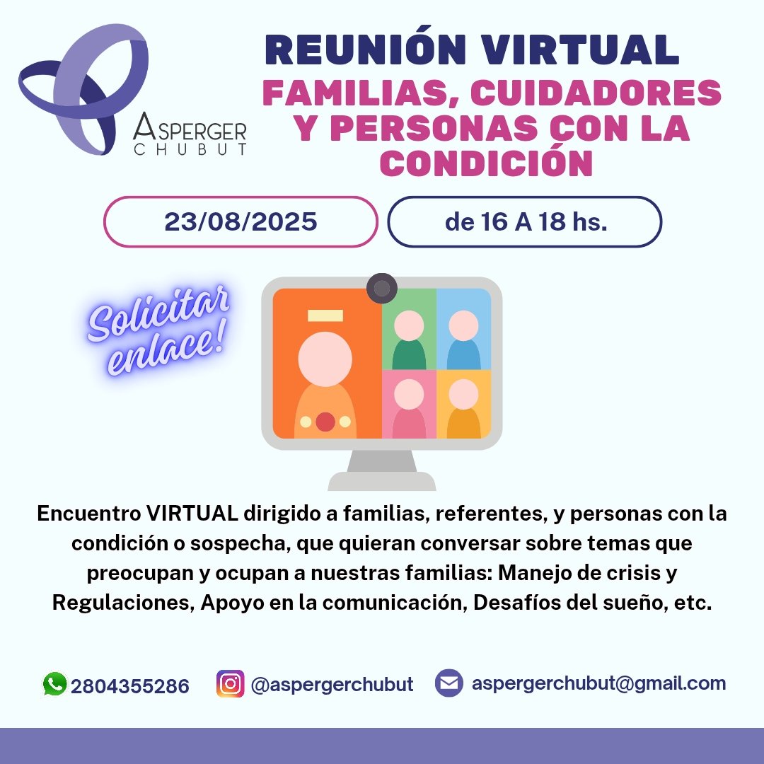 Este sábado!!! Encuentro Virtual para Familias, Referentes y comunidad Asperger/Autista. Un espacio para compartir con pares y referentes sobre las vivencias cotidianas. 
Solicitar acceso al 2804355286!