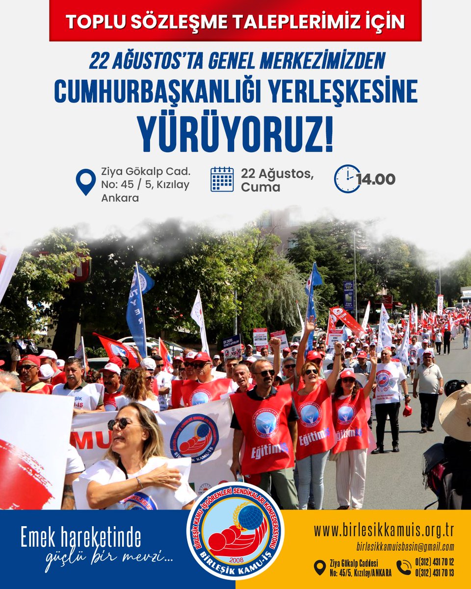 21 Ağustos 17.00 itibariyle Cumhurbaşkanlığı'ndan talep ettiğimiz randevumuza bir cevap gelmedi. Biz de 22 Ağustos Cuma günü (yarın) saat 14.00'te Genel Merkez binamızdan Cumhurbaşkanlığı yerleşkesine Toplu Sözleşme Taleplerimizi iletmek için yürüyüş gerçekleştireceğiz.