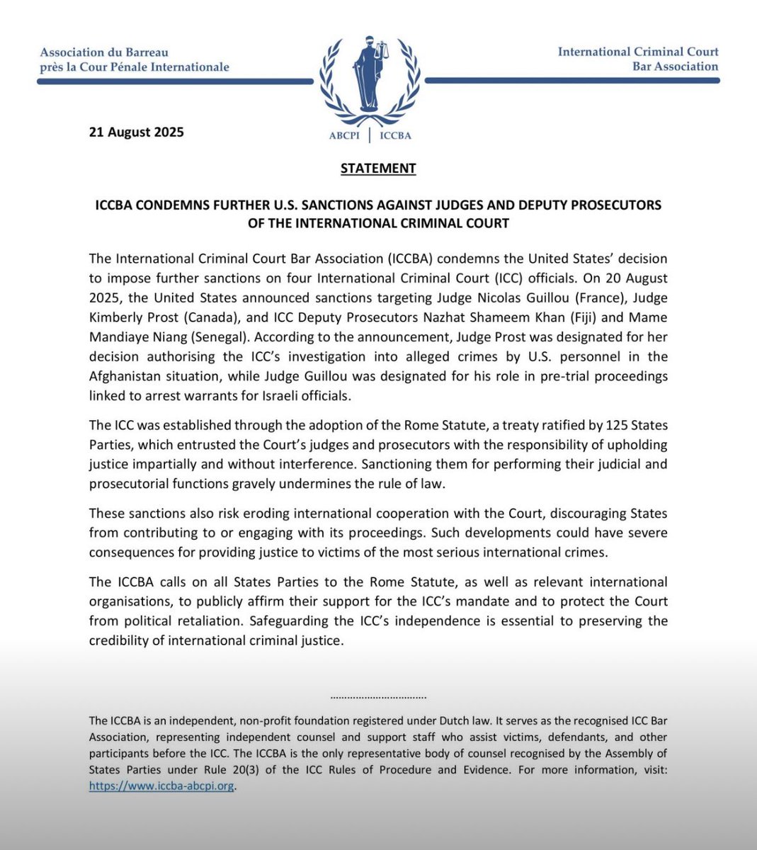 ICCBA_ABCPI's tweet photo. Statement: ICCBA CONDEMNS FURTHER U.S. SANCTIONS AGAINST JUDGES AND DEPUTY PROSECUTORS OF THE INTERNATIONAL CRIMINAL COURT https://t.co/jlaPYpP7IE