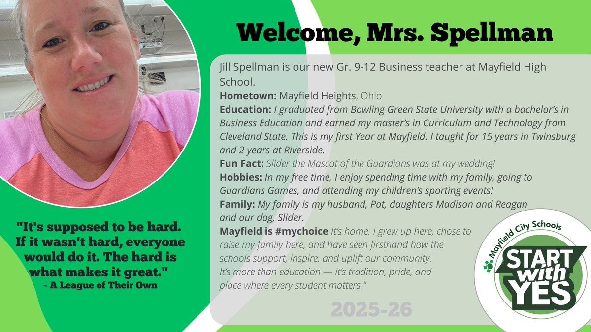 WELCOME MRS. SPELLMAN: The Wildcat family welcomes Jill Spellman as our new Grade 9-12 Business teacher at Mayfield High School to our Mayfield City Schools. #mychoicemayfield #startwithyes