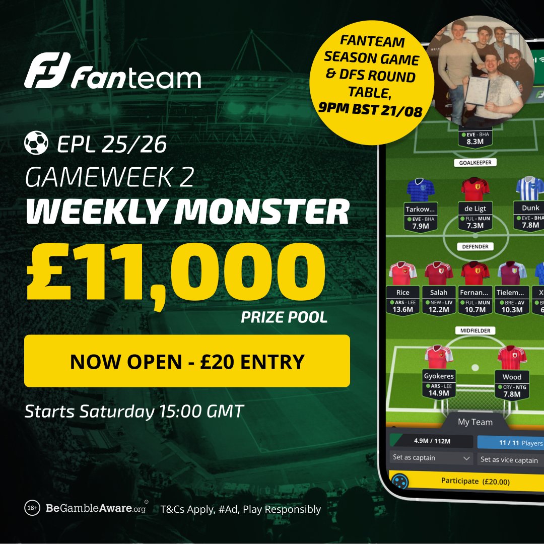 FanTeam (@fanteamofficial) on Twitter photo Josh is back on Spaces tonight 🎙️
Season game takes, DFS punts, and probably talking himself into Tarkowski CS again 🤦♂️
£11k up for grabs in the GW2 Weekly Monster 👀
Chat starts 9pm BST — tune in before you set fire to your £20 entry.
#FPL #DFS #EPL Josh is back on Spaces tonight 🎙️
Season game takes, DFS punts, and probably talking himself into Tarkowski CS again 🤦♂️
£11k up for grabs in the GW2 Weekly Monster 👀
Chat starts 9pm BST — tune in before you set fire to your £20 entry.
#FPL #DFS #EPL