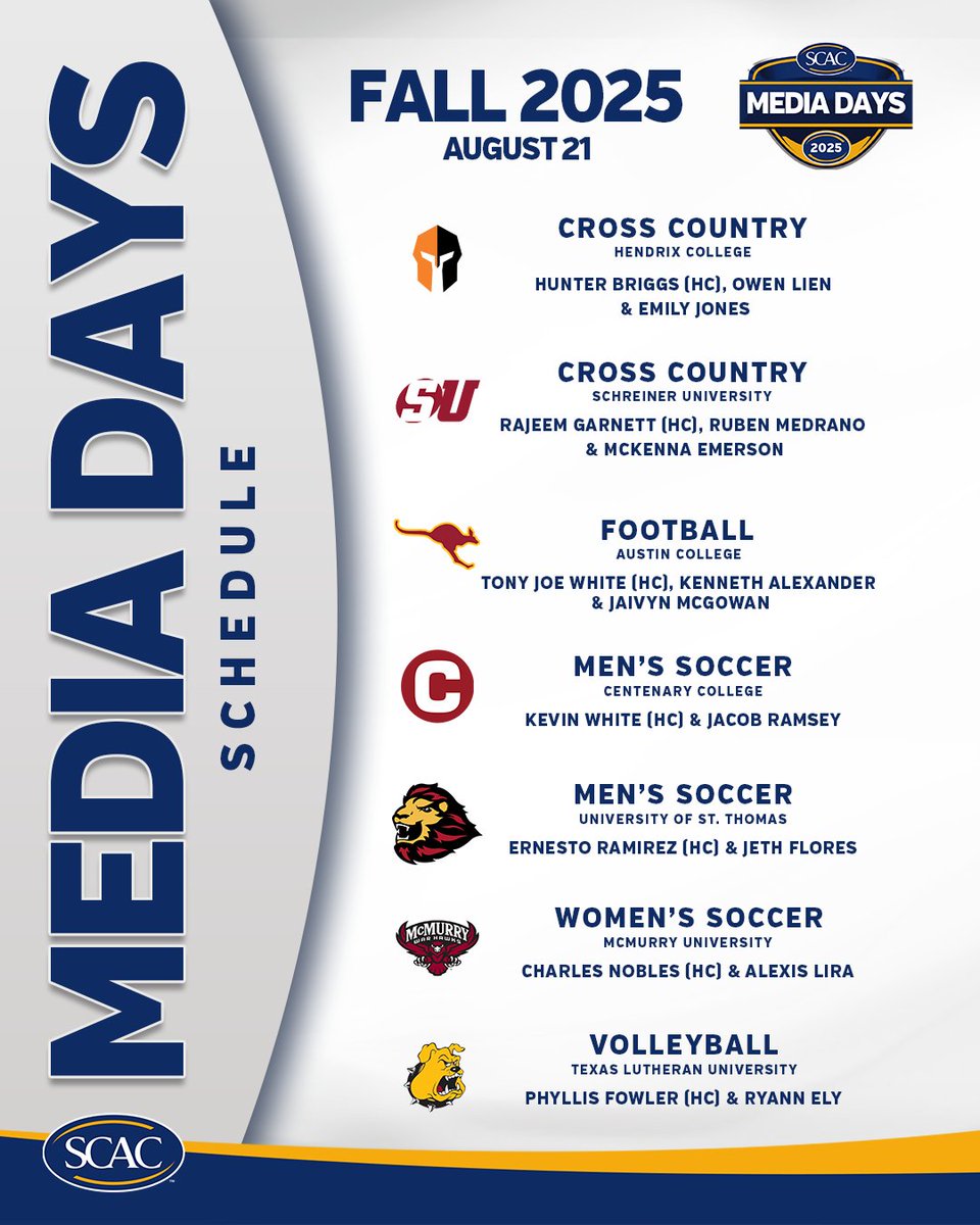 Day ✌️ of SCAC Fall Media Days is coming your way!

Find access to all videos here and check out the upcoming schedule to see when your school or team will be featured!

📰| scacsports.com/x/qok8k

#SCACPride | #SCACMSoc | #SCACWSoc | #SCACXC | #SCACFB | #SCACVB