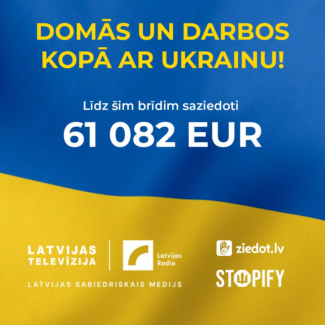 Atzīmējot Ukrainas neatkarības dienu 24. augustā, Latvijas Sabiedriskais medijs sadarbībā ar <a href="/ziedot_lv/">ziedot.lv</a> vienojas atbalsta akcijā "Domās un darbos kopā ar Ukrainu!".

#DomāsDarbosUkrainai

🇱🇻🇺🇦 ziedot.lv/Ukrainai