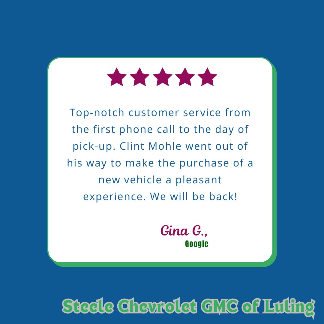 LulingChevrolet's tweet image. Gina, thank you for taking the time to share your feedback regarding your experience with us! Buying a new car is a huge step and we’re honored that we got to be a part of it.