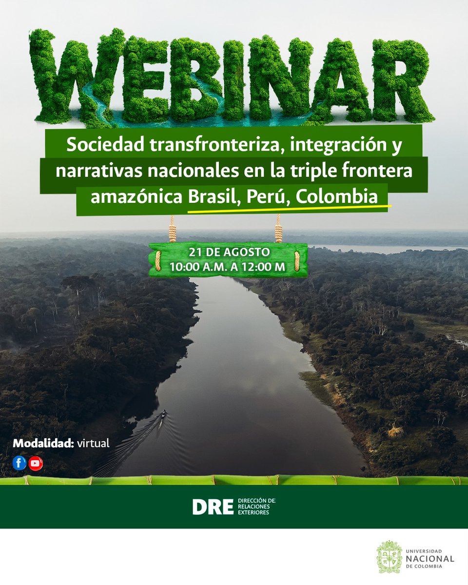 Hoy a las 10am, participa del webinar  "Sociedad transfronteriza, integración y narrativas nacionales en la triple frontera amazónica: Brasil, Perú, Colombia", organizado por la DRE de la UNAL, en el que participa el Centro TRAJECTS, desde el IDEA-UNAL. youtube.com/watch?v=u9NSwY…