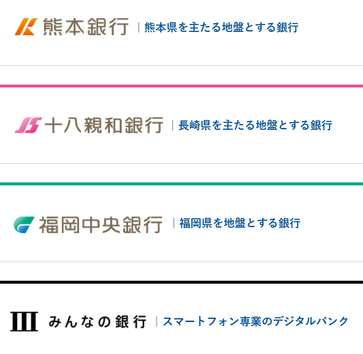 ふくおかフィナンシャルグループ｜グループを統括する持株会社福岡銀行｜九州全域を主たる地盤とする銀行福銀事務サービス(株) ｜ 事務代行業務ふくぎん保証(株) ｜ 債務保証業務ＦＦＧコンピューターサービス(株) ｜ システム開発・運用業務(株)FFGカード ｜ クレジットカード業務福銀不動産調査(株) ｜ 担保評価業務ふくおか債権回収(株) ｜ 債権管理回収業務(株)FFGほけんサービス ｜ 保険募集業務(株)R&Dビジネスファクトリー ｜ 研究開発業務一般社団法人ふくおか・アセット・ホールディングス ｜ 投融資業務(有)マーキュリー・アセット・コーポレーション ｜ ファクタリング業務(有)ジュピター・アセット・コーポレーション ｜ ファクタリング業務熊本銀行｜熊本県を主たる地盤とする銀行十八親和銀行｜長崎県を主たる地盤とする銀行福岡中央銀行｜福岡県を地盤とする銀行みんなの銀行｜スマートフォン専業のデジタルバンクhttps://www.fukuoka-fg.com/group/company.html