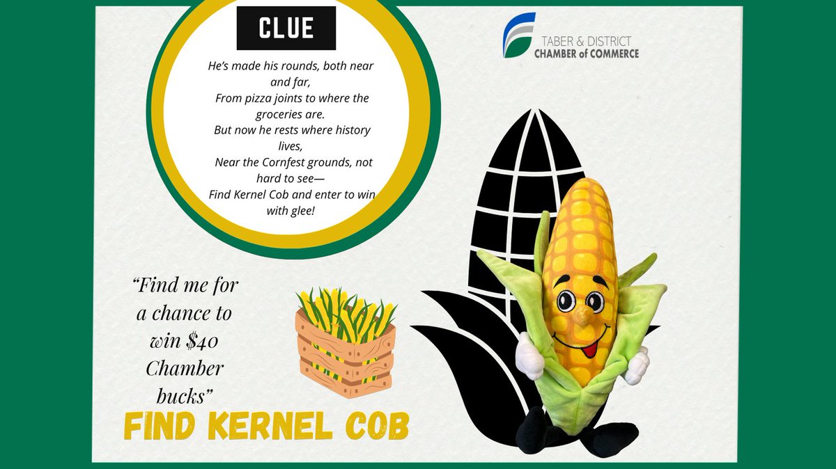 🎉 Find Kernel Cob &amp; Win! - Final day🌽
Think you can crack the clue? If you guess where Kernel Cob is hiding and head to that local business, you can fill out a ballot for a chance to win $40 in Chamber Bucks—spendable at a variety of local shops and restaurants!
#FindKernelCob