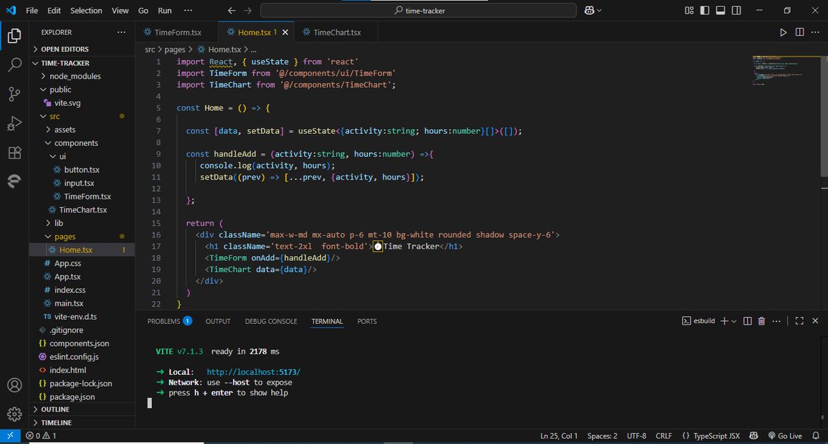 sMohammedarifa2's tweet image. ⏱️ Built a Time Tracker App with React + Chart.js!
Log activities → see them in a colorful Pie Chart 🎨
💡 Learned:
React + Vite (TS) basics
Chart.js integration
State mgmt & reusable comps
Tailwind + ShadCN UI
#ReactJS #ChartJS #WebDev
🙏 A big thanks to @CodeWithJavid