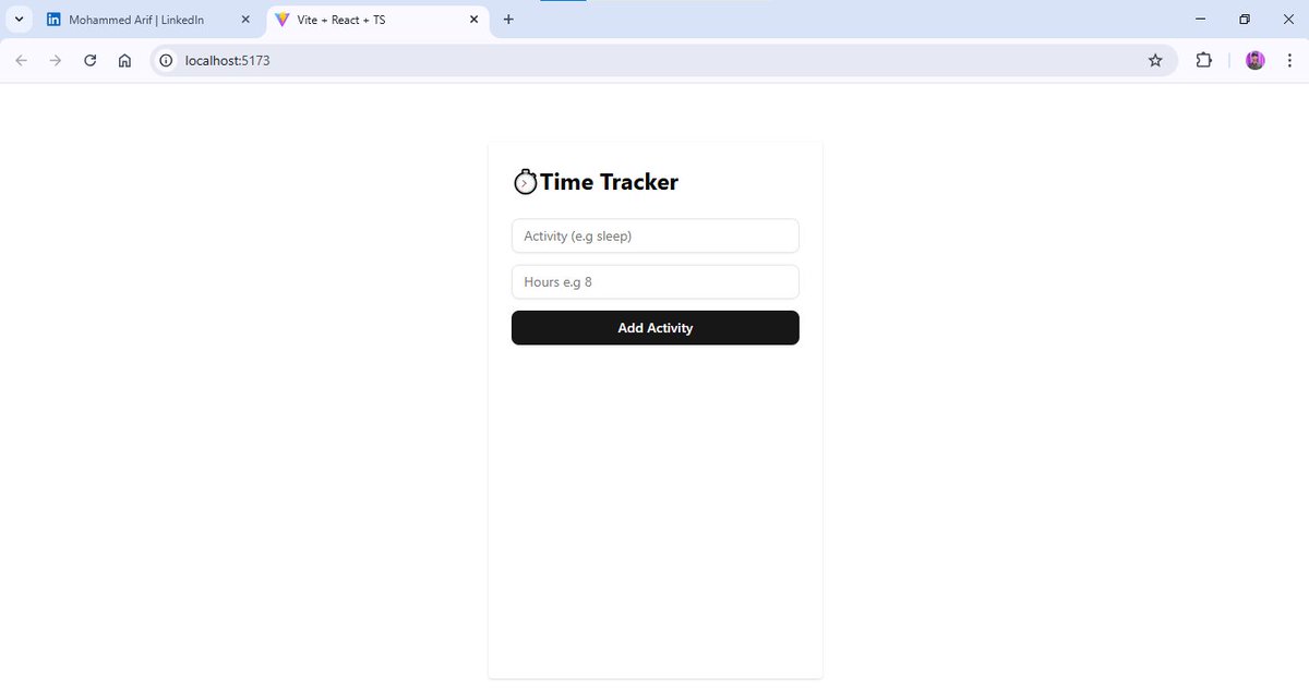 sMohammedarifa2's tweet image. ⏱️ Built a Time Tracker App with React + Chart.js!
Log activities → see them in a colorful Pie Chart 🎨
💡 Learned:
React + Vite (TS) basics
Chart.js integration
State mgmt & reusable comps
Tailwind + ShadCN UI
#ReactJS #ChartJS #WebDev
🙏 A big thanks to @CodeWithJavid