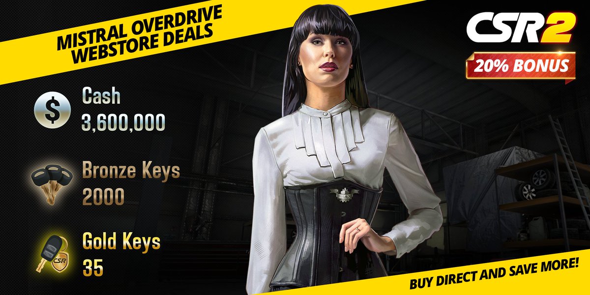 Unlock the power – Mistral Overdrive deals are live with a 20% bonus only on the CSR2 Webstore!

Click here: zynga.social/csr2web

#CSR2 #BugattiMistral #CSR2WebStore #ExclusiveDeals #SpecialOffers