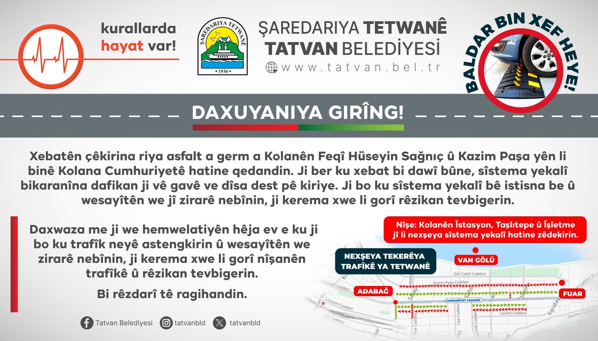 Cumhuriyet Caddesi'nin altında bulunan Feqî Hüseyin Sağnıç ve Kazım Paşa Caddeleri'nin sıcak asfalt yol yapım çalışmaları tamamlanmıştır. Çalışmalar bittiğinden dolayı tek yön sistemi, kapanlar ile tekrardan uygulanmaya başlamıştır. Tek yön sisteminin istisnasız olması ve
