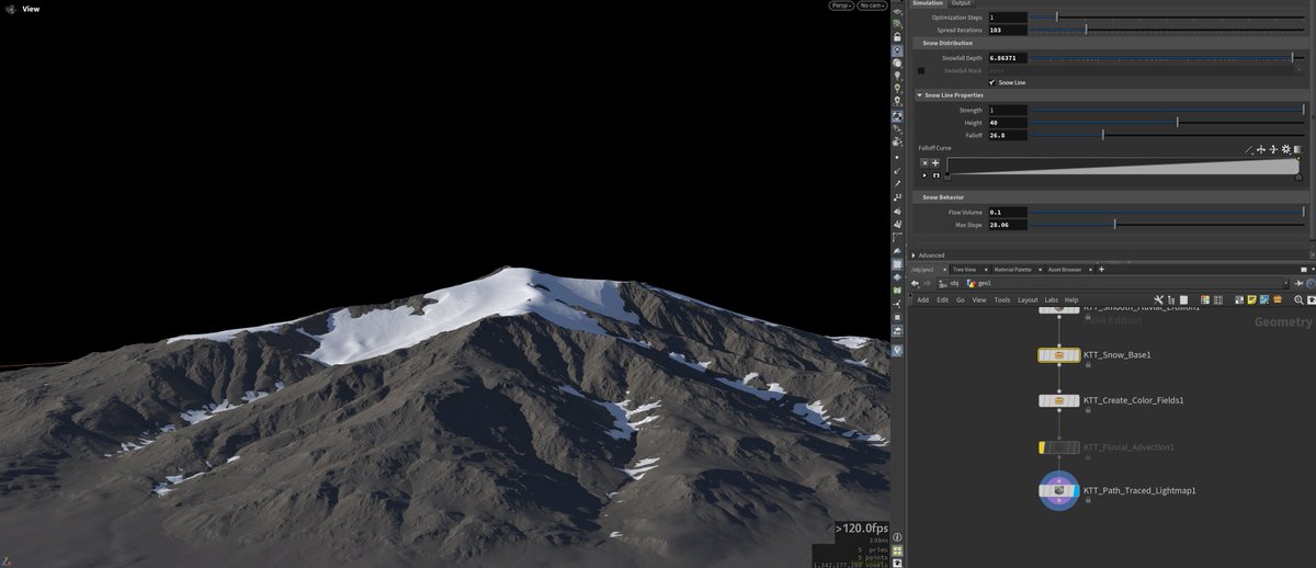 samuel_krug's tweet image. Cool (hehe) new snow tools in KTT (my Houdini terrain gen toolset). Here&apos;s a super quick demo scene