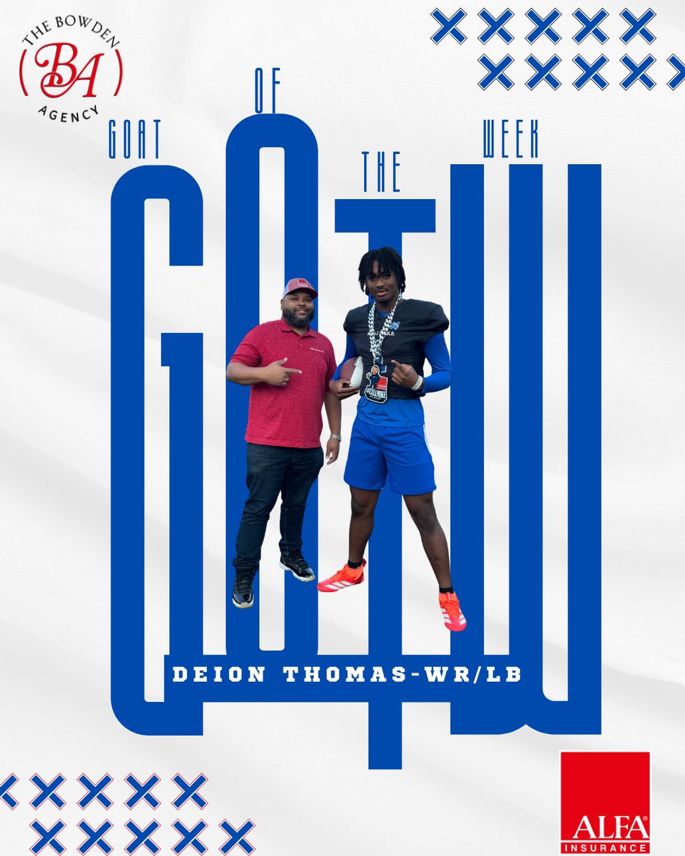 TheBowdenAgency's tweet photo. We’re back!!!!! Help me congratulate this weeks Goat of the week from @westlake_football1 congrats @_deionthomas13 big time football player right here!!!! #GOTW #TheBowdenAgency #AlfaInsurance https://t.co/JWEBG0ZbUh