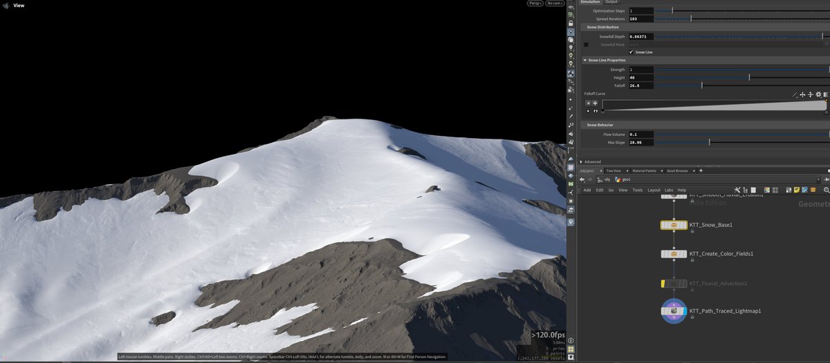samuel_krug's tweet image. Cool (hehe) new snow tools in KTT (my Houdini terrain gen toolset). Here&apos;s a super quick demo scene