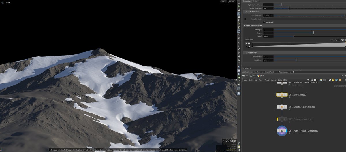 samuel_krug's tweet image. Cool (hehe) new snow tools in KTT (my Houdini terrain gen toolset). Here&apos;s a super quick demo scene