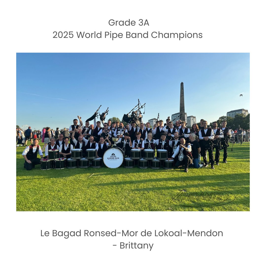 2025 World Pipe Band Championships

Congratulations to 'Le Bagad Ronsed-Mor de Lokoal-Mendon' - Brittany, crowned 2025 World Pipe Band Champions in Grade 3A at last Saturdays event held in Glasgow Green.

⁠#2025wpbc #pipebandlife #andantedrums #andantedrumsofficial
