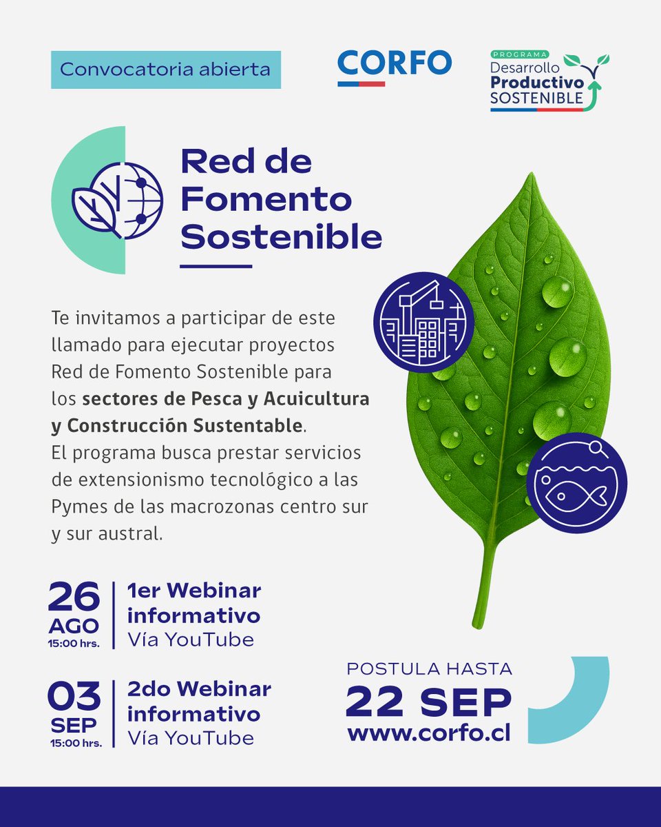 Ya está abierta la convocatoria del programa Red de Fomento Sostenible, dirigido a mejorar la competitividad en sectores productivos de las macrozonas centro-sur y sur austral

Más información 👉 corfo.cl
Webinars 👉 youtube.com/@corfo/streams