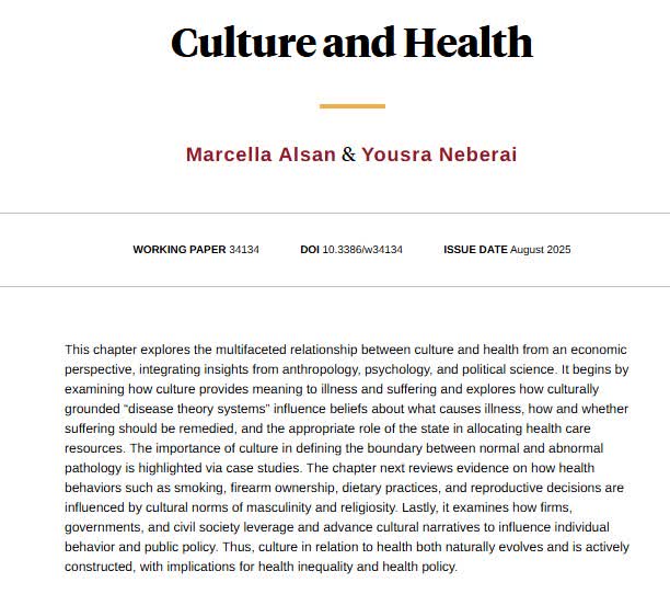 Culture both defines who is ill and provides meaning to illness and suffering. Culture shapes health policies thus influencing health inequality, from Marcella Alsan and Yousra Neberai nber.org/papers/w34134