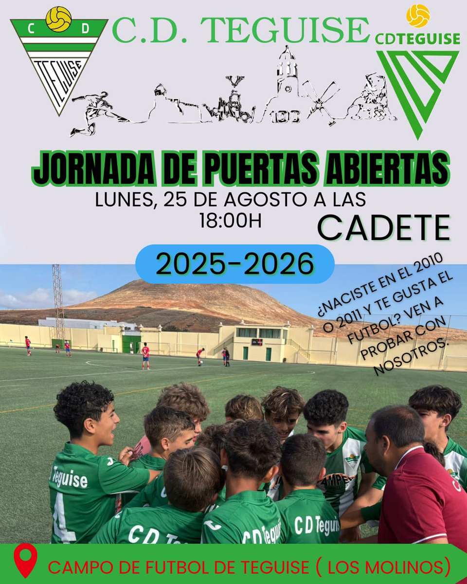 ⚽️ ¡Ven a jugar con nosotros! ⚽️
Abrimos las puertas de nuestro equipo Categoría Cadete y queremos que formes parte.
👉 Jornada de Puertas Abiertas
Una oportunidad para divertirte, conocer nuevos amigos y disfrutar del fútbol en un gran ambiente.💚🤍⚽️
¡No te lo pierdas!